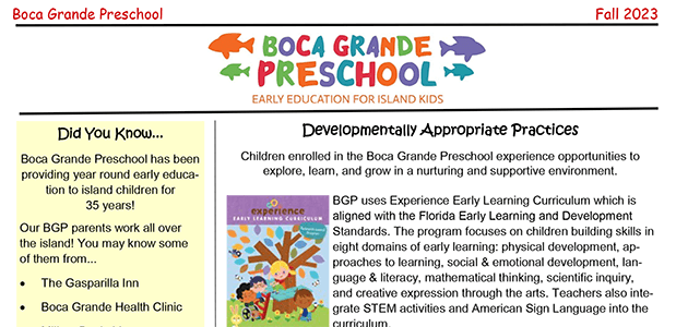 Header of the Boca Grande Preschool Fall 2023 Newsletter